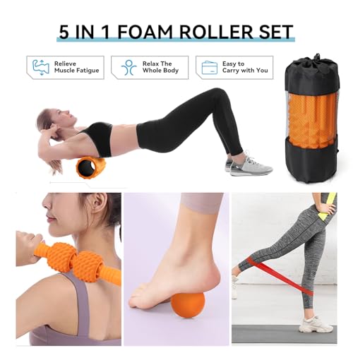 5 in 1 Foam Roller Set, High Density Patented Exercise Roller - color: Orange