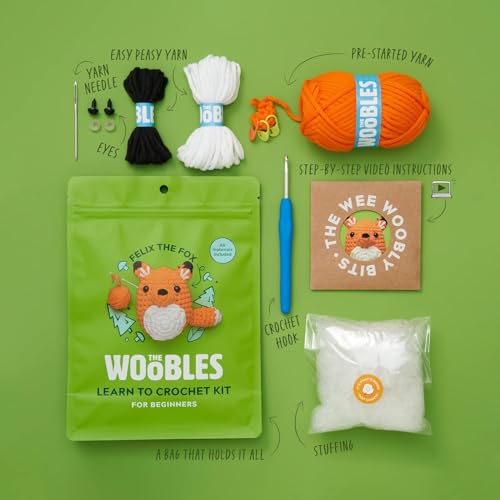 The Woobles Crochet Kit for Beginners (Felix the Fox) | As seen on Shark Tank, Kit includes: Easy Peasy Yarn, pre-started piece, hook, safety eyes, stuffing, video tutorials - color: Felix The Fox