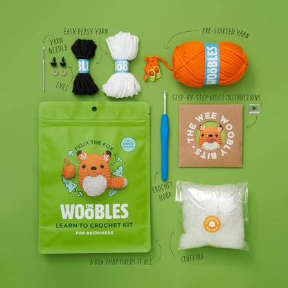 The Woobles Crochet Kit for Beginners (Felix the Fox) | As seen on Shark Tank, Kit includes: Easy Peasy Yarn, pre-started piece, hook, safety eyes, stuffing, video tutorials - color: Felix The Fox