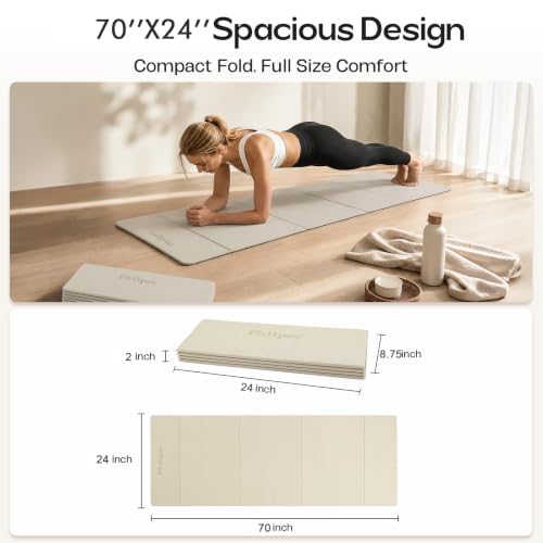 Foldable Yoga Mat, 70''x24''x0.24''(6mm）Non-slip POE Exercise Mat - color: Beige