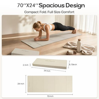 Foldable Yoga Mat, 70''x24''x0.24''(6mm）Non-slip POE Exercise Mat - color: Beige