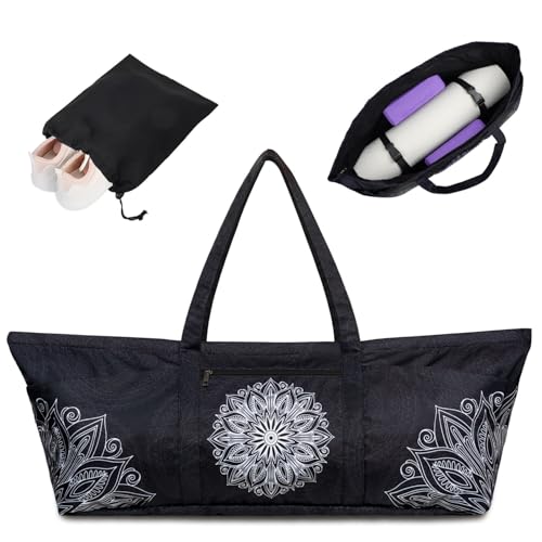 Yoga Mat Bag Yoga Mat Carrier with Shoes Compartment & Wet Pocket Pilates Bag with Zipper Pockets & Yoga Mat Holder Strap Yoga Bags and Carriers Fits All Your Stuff - color: Mandala Black