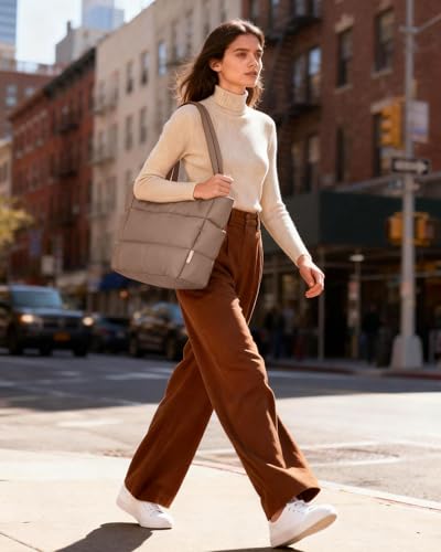 HOTOR Puffer Tote Bag for Women, Multi-Pocket, Zippered - color: Brown, size: 18.1" × 6.3" × 11.8"