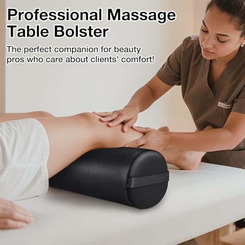 Full Round Bolster Pillow for Legs, 26 x 6 inch Bolster for Massage Table | PU Leather Under Knee Pillow with Strap Handle, Under Back Ankles Leg Pain Relief Massage Table Bolster for Yoga & Spa - color: 6" Full Round - Black