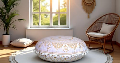 ICC Large Boho Ottoman Cover Pillowcase for Couch Floor Pillows & Cushion Covers Decorative Bohemian Hippie Mandala Pouf Pillow Cover Seating Meditation Cushion Cover (Gold Trishol, 32" Round) - size: 32" x 32" (Pack of 1), style: Gold Trishol