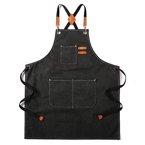 Tosewever Canvas Cross Back Chef Cotton Aprons for Men Women with Large Pockets - color: Black