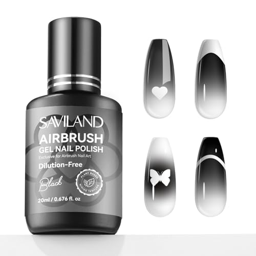 SAVILAND Hema-Free Airbrush Gel Nail Polish Black Gel Nail Polish 20ML | Dilution-free Airbrush Paint for Nails,No Clogging, Non-Acetone, High Pigmented Colors Airbrush Polish, Ombre French Nail - color: Black