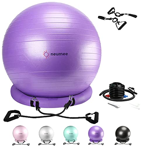 Yoga Ball Chair with 65cm Exercise Ball & 2 Resistance Bands, Stability Base for Home Office, Yoga, Pilates & Fitness, Balance Ball for Posture, Core Strength & Low Impact Workouts - color: purple