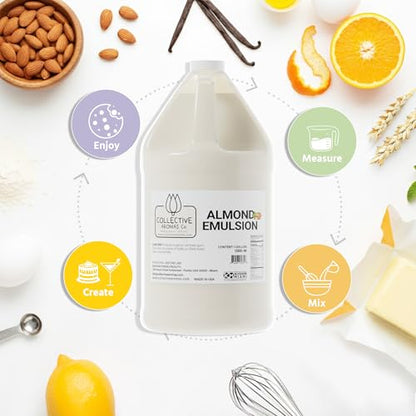 Collective Aromas Co. Almond Emulsion for Baking, Concentrated Almond Flavoring for Cakes, Cookies, Frosting & Fillings, Heat- Stable Liquid, 1 Gallon 128 fl oz, Kosher, Made in USA - size: Almond - 1 Gallon (128 fl oz)