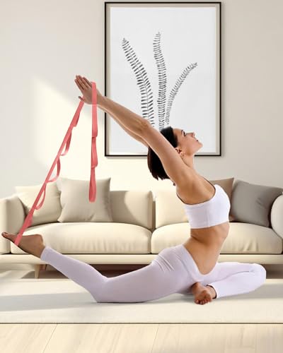 10 Loop Yoga Stretching Strap for Physical Therapy - Non-Elastic Exercise Band for Pilates, Yoga, Stretching for Women & Men - color: Pink