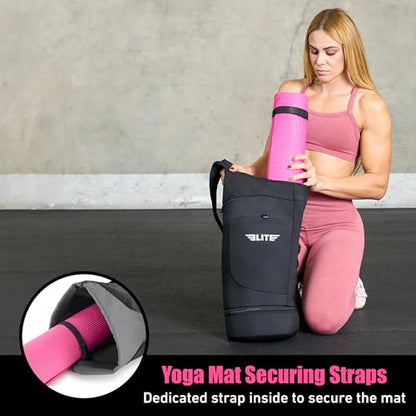 Elite Yoga Mat Bag for Women & Men, Yoga Gym Bag with Wet Pocket, Bottle & Zipper Pockets, Yoga Workout Essentials Carrier Yoga Bag with Mat Straps, Adjustable Shoulder Straps Carry on Sports Bag
