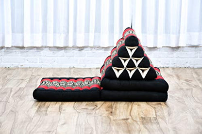 Leewadee - Comfortable Japanese Floor Mattress - Thai Floor Bed with Triangle Cushion - Futon Mattress - Thai Massage Mat, 67 x 21 inches, Black Red, Kapok Filling | Floor & lounge cushion for relaxing, reading & TV - for meditation & yoga, firm & stable
