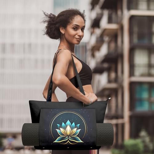 Yoga Bag for Women, Large Canvas Yoga Mat Tote Bag with Yoga Mat Carrier | Large Mat Pocket Fitness Tote for Pilates, Gym, Travel, Office & Beach - color: Black Lotus