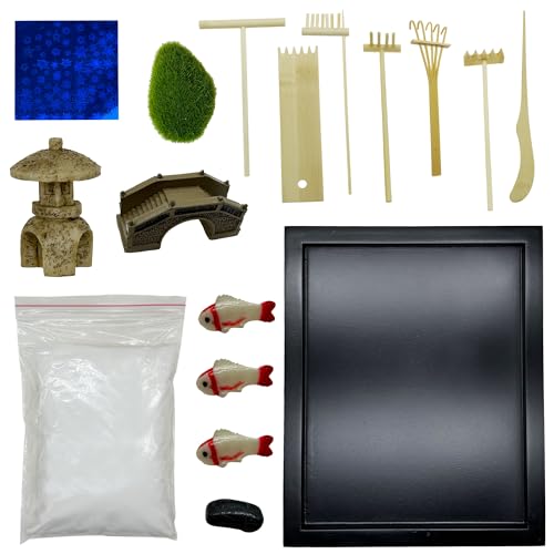 Woohome Zen Garden Kit - 21.5 x 17.5cm Japanese DIY Mini Rock Garden Meditation Ornaments Landscape Sand Table Resin Decoration with 7 Handmade Bamboo Tools