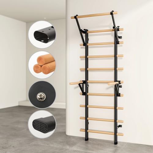 DHT Wood Stall Bar, Swedish Ladder Suspension Trainer with 9 Strategic Rods, for Home, Gym, School and Clinics, Black - color: WA1-D