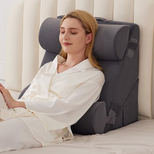 BIEEZZK 4PCS Wedge Pillow Set for After Surgery, Back Pillow for Bed Sitting up, 9&12inch Adjustable Memory Foam Bed Wedges, Pillow Wedge for Acid Reflux, Back Pain Relief, Snoring, Plush Grey - color: Velvet Grey, size: Adjustable Wedge+2 Pillows