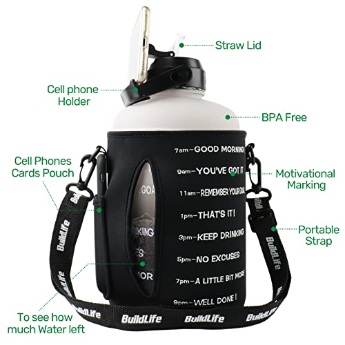 QuiFit 1 Gallon Water Bottle - with Straw & Motivational Time Marker Leak-Proof BPA Free Reusable Gym Sports Outdoor Large(128OZ/73OZ) Capacity Water Jug - color: QFC2 Gray/Black with Sleeve, size: 128 Ounces