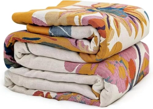 Boho Throw Blanket for Bed 100% Cotton Bohemian Blankets Ultra Soft Woven Muslin Decorative Blankets All Seasons Vintage Quilt Knitted Blanket for Sofa Chair(Yellow, 50"x60") - color: B-yellow, size: 50"x60"