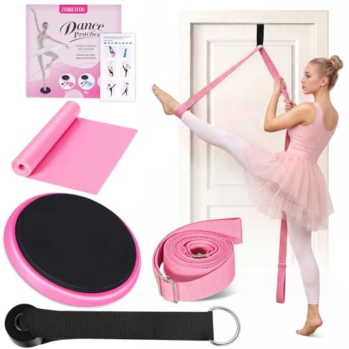Ballet Practice Kit - Turning Board, Stretching Strap & Resistance Band to Improve Turns, Balance, Spinning for Dance - color: PINK