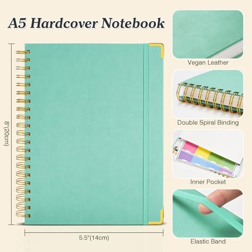 Blank Spiral Notebook: Leather Sketch Book, Unlined Notebook for Women Men | 300 Pages, Hardcover 100GSM Thick No Bleed Paper Journal, A5 Small Art Sketchbook for Drawing Writing Work, 5.5" x 8", Green - color: Green, size: A5