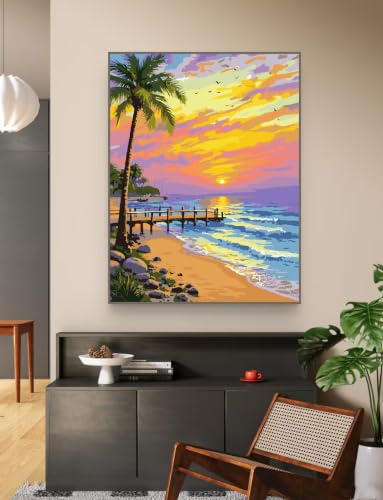 ZRIZQ Beach Paint by Numbers Kit for Adults Beginner,Sunset,16x20 | Full set with rich paints,wooden brushes,rolled canvas.Calming activity.Beginner friendly.Just open and paint. - color: 16"X20"Rolled Canvas-Beach 1