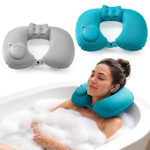 Colingmill 2 Pcs Inflatable Bath Pillows for Tub, U-Shaped Neck & Head Support Cushion, Portable Blow Up Travel Neck Pillow with Adjustable Button for Airplanes & Home Spa(Grey, Peacock Blue) - color: Grey, Peacock Blue