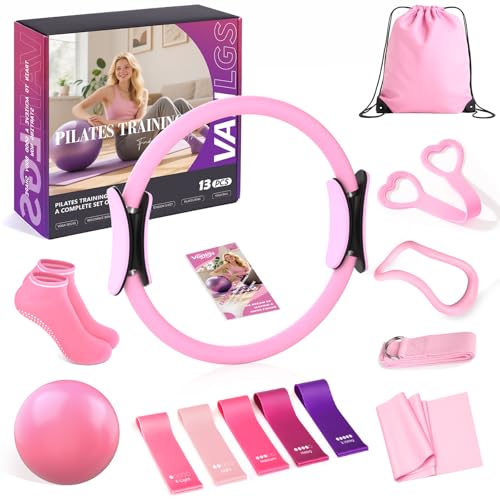 Pilates Kit 13Pcs Home Pilates Essentials Workout Kit with 13" Ring, 10" Ball and Resistance Bands for Women at Home Pilates Equipment Set for Beginners
