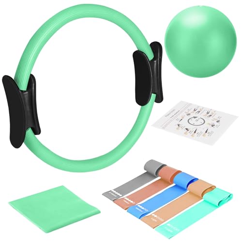 TOPZGLEEY Pilates Ring Set – 14" Anti-Deformation Magic Circle with Padded Handles, Mini Ball, 5 Resistance Bands, Guide, Pilates Equipment for Home Workout - color: TURQUOISE