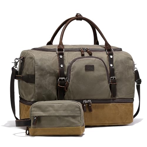 Nerlion Green Large Weekender Overnight Duffel Bag with Shoe Compartment and Leather Accents - color: Green