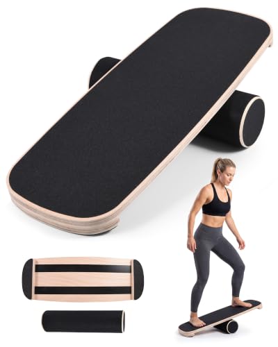 Balance Board for Adults, Surf Trainer with Wooden Roller | 300lbs capacity, non-slip wooden surface, for surfing snowboarding skateboarding yoga, core strength & balance training