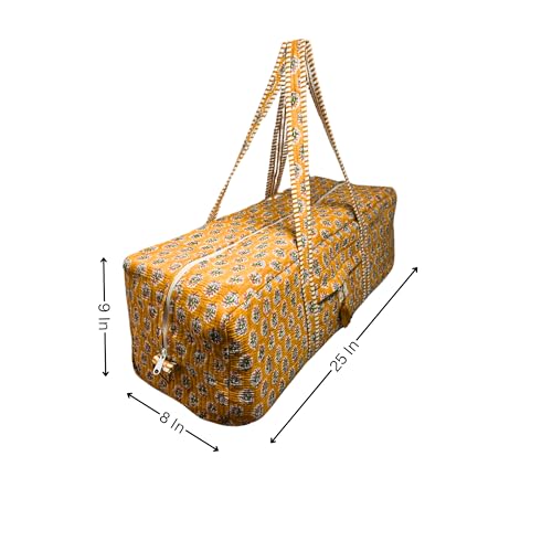 Large Capacity Handblock Printed Yoga Mat bag for Women, Gym Bag, Fits Yoga Blocks, Adjustable strap, Pilates, Gym, Fitness Block & Gear, Light and Durable - color: Marigold Earth