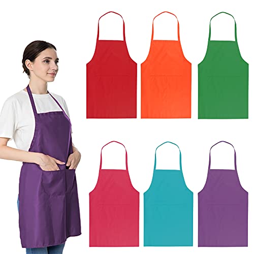 6 PCS Plain Bib Aprons for Women Men Bulk,Multicolor Apron with 2 Pockets for Painting Crafting Baking Cooking Kitchen.(6pcs-6colors) … - color: Multicolor