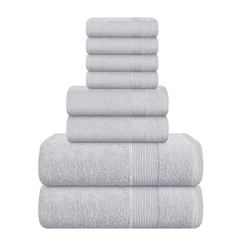 Belizzi Home 8 Piece Towel Set 100% Ring Spun Cotton, 2 Bath Towels 27x54, 2 Hand Towels 16x28 and 4 Washcloths 13x13 - Ultra Soft Highly Absorbent Machine Washable Hotel Spa Quality - Light Grey - color: Light Grey, size: 8 Piece Towel Set