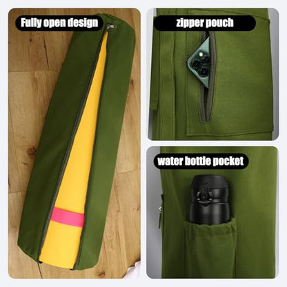 Cotton yoga mat bag with Pockets and Adjustable Strap - Full Zip Cargo Yoga Mat Carrier Bag - Bag for 1/4" 1/3" Thick Yoga Mat - color: Green, size: XL
