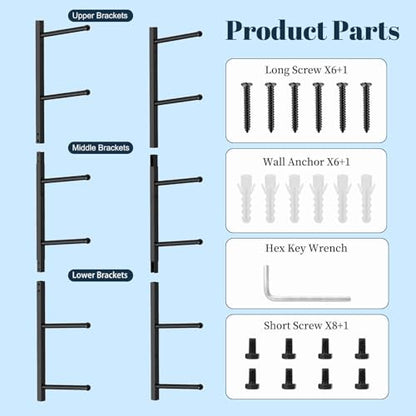 Yoga Mat Holder Wall Mount with 12 Straps, 6 Tier Metal Yoga Mat Storage Rack Home Gym Exercise Workout Equipment Organizer for Foam Roller Resistance Bands