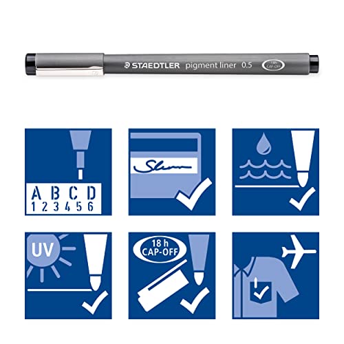 STAEDTLER 308 Pigment Liner Fineliner Pen - Ideal for Writing, Sketching, Technical Drawing, Marking Out - Black Ink - In Envelope Gift Packaging - 0.7mm Medium Nib Size - Pack of 3