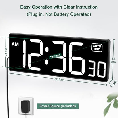 Soobest LED Digital Wall Clock with Seconds | Large Digital Clock Bold Numbers for Seniors, Plug Electric Clock Dimmable Large Display, Auto DST, Gym, 10 Inches - color: 10.2" White