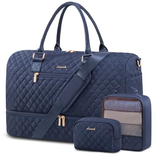 LOVEVOOK Travel Duffle Bag for Women, Weekender Overnight Bag with Shoe Compartment, Carry on Bag with Toiletry Bag, Gym Duffel Bag with Wet Pocket, Hospital Bags for Labor and Delivery 3 Pcs Set - color: Navy, size: Large