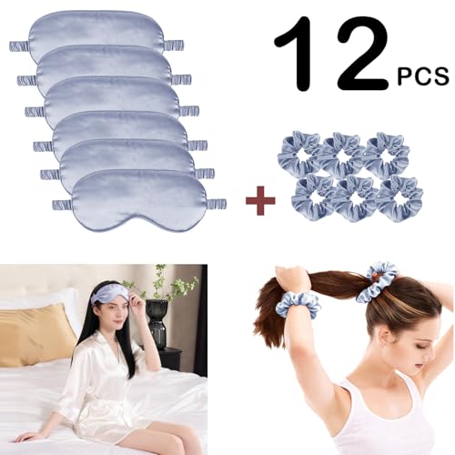 12Pcs Silk Sleep Masks Satin Eye Mask Silky Eyes Cover Blindfold Eyeshade Hair Ties Scrunchy Travel Bridesmaids Gifts - color: Dusty Blue