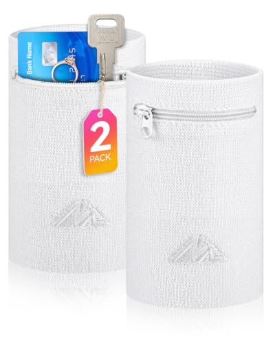 NEWZILL Wrist Wallet Wristband with Zipper - Cotton Sweatbands for Men & Women, Ideal for Running, Walking, Basketball, Football, Tennis, Hiking - color: White, style: Small-2PCS