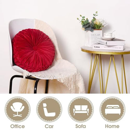HIG Set of 2 Red Velvet Decorative Round Pleated Throw Pillows - color: Red