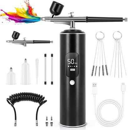 Airbrush Kit with Compressor, Airbrush for Nails | 2 Airbrushes, 6400mAh 50PSI High Pressure, 0.2/0.3/0.5mm Nozzle Sets, For Nails, Modeling, Cake Decorating, Pastry
