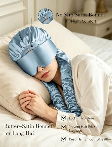 Satin Bonnet for Sleeping with Eye Mask，No Slip Sleep Bonnet with Long Curling Ribbons for Braids & Long Hair - color: Blue