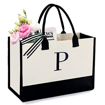 BeeGreen Embroidery Monogram Initial Tote Bag for Women Teacher Mom Friend Personalized Gift for Birthday Beach Work Wedding - color: Natural & Black, style: P