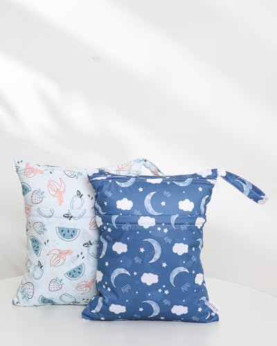 ALVA ALVABABY 2pcs Waterproof Wet Dry Bags,Reusable with Two Zippered Pockets,Baby Cloth Diaper,Travel,Beach,Pool,Daycare,Soiled Baby Items,Yoga Gym Bag,Swimsuits or Wet Clothes 2LW04 - color: Moon and fruits