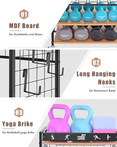 Mythinglogic Home Gym Storage Rack with Wheels for Dumbbells and Yoga Mats - color: Black+Brown