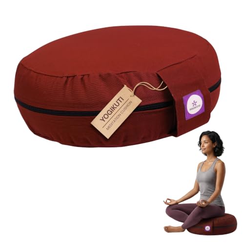 Yogikuti 100% Cotton Meditation Cushion (Round) with Handle | Firm & Comfortable Yoga Cushion | Removable Washable Cover | Floor Seating Support for Meditation, Yoga & Pranayama - color: Maroon
