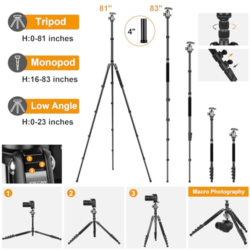 JOILCAN 81" Tripod for Camera Phone, 83" Aluminum Camera Tripod Monopod | Tall DSLR Tripod with 360° Ball Head, Heavy Duty Travel Tripod for Binoculars Spotting Scope Telescope, Payload 35lb - color: Grey