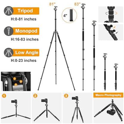 JOILCAN 81" Tripod for Camera Phone, 83" Aluminum Camera Tripod Monopod | Tall DSLR Tripod with 360° Ball Head, Heavy Duty Travel Tripod for Binoculars Spotting Scope Telescope, Payload 35lb - color: Grey