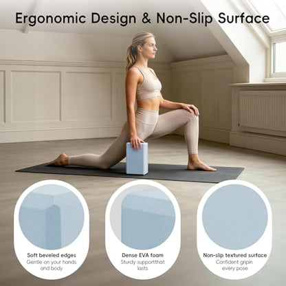 High Density EVA Yoga Blocks 2 Pack, 280g Pro-Level Exercise Brick (46-50 Shore C Firmness), Odor-Free & Non-Slip Foam Props for Yoga, Pilates & Stretching - color: ice blue
